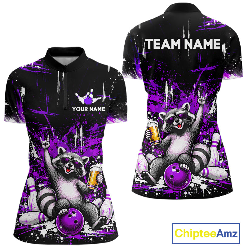 Custom Purple Funny Raccoon with Beer Bowling Shirts for Women  Bowling Jersey QZT1328