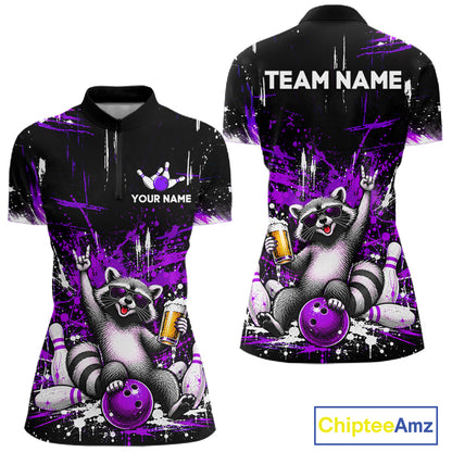 Custom Purple Funny Raccoon with Beer Bowling Shirts for Women  Bowling Jersey QZT1328