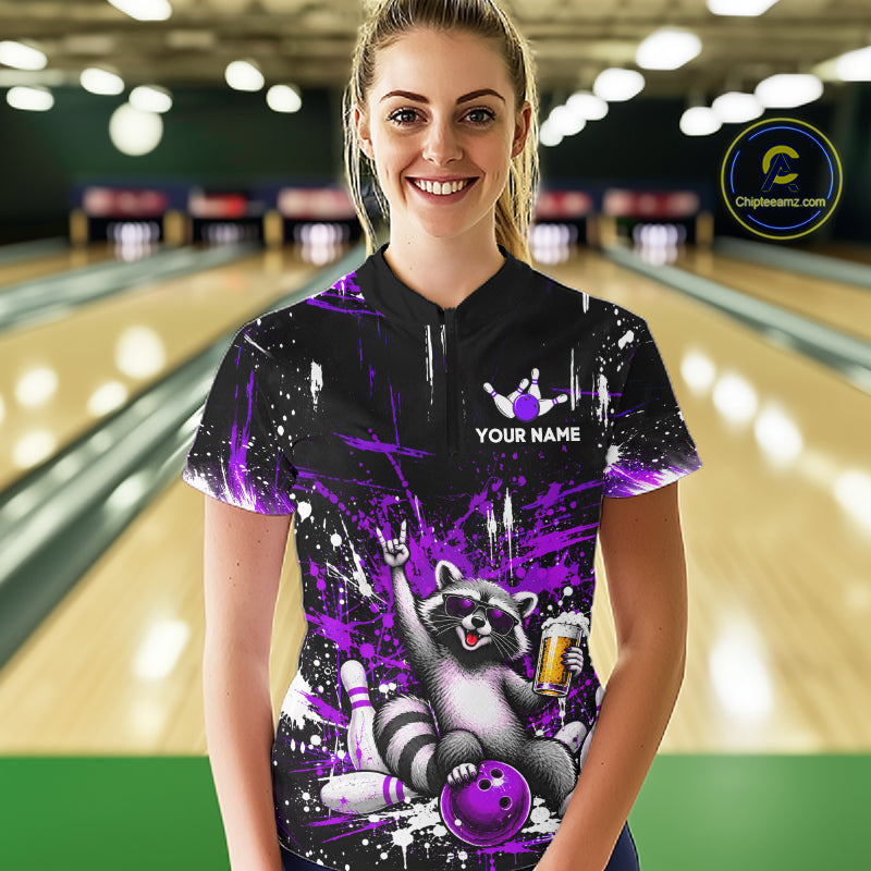Custom Purple Funny Raccoon with Beer Bowling Shirts for Women  Bowling Jersey QZT1328