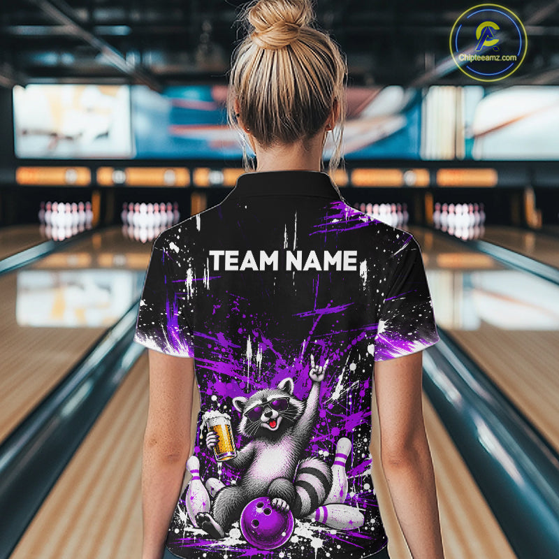 Custom Purple Funny Raccoon with Beer Bowling Shirts for Women  Bowling Jersey QZT1328