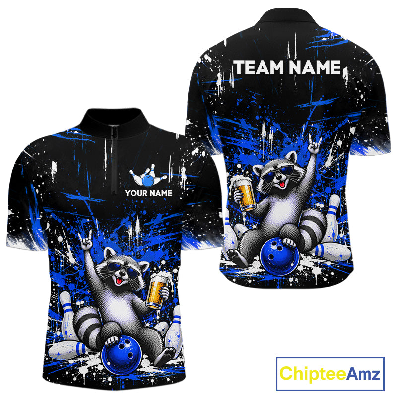 Custom Blue Funny Raccoon with Beer Bowling Shirts for Men Bowling Jersey QZT1328