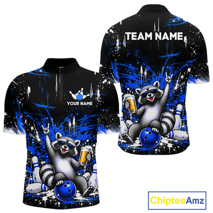 Custom Blue Funny Raccoon with Beer Bowling Shirts for Men Bowling Jersey QZT1328