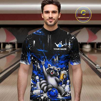 Custom Blue Funny Raccoon with Beer Bowling Shirts for Men Bowling Jersey QZT1328