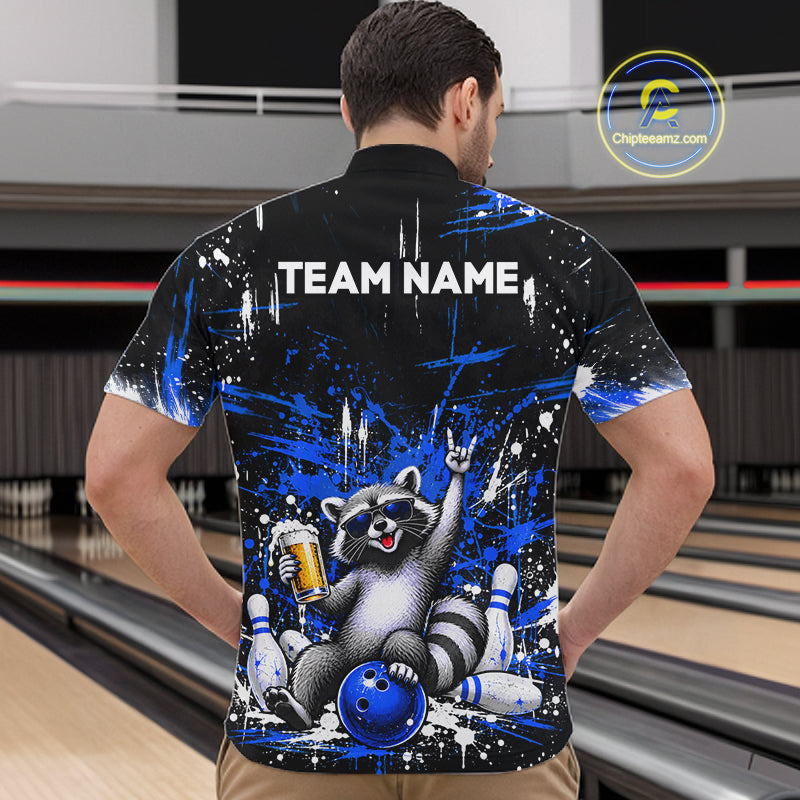 Custom Blue Funny Raccoon with Beer Bowling Shirts for Men Bowling Jersey QZT1328