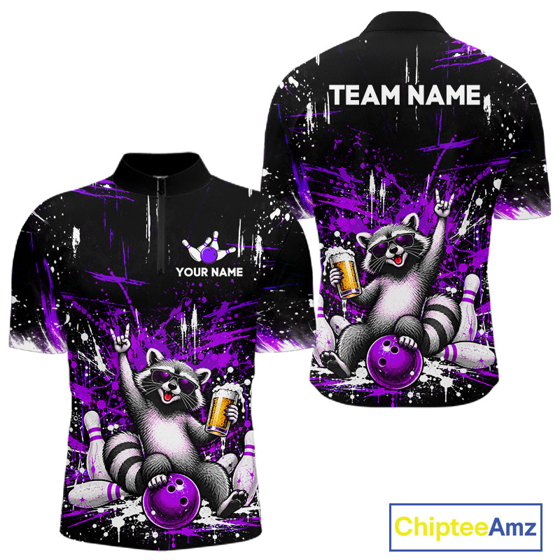 Custom Purple Funny Raccoon with Beer Bowling Shirts for Men  Bowling Jersey QZT1328