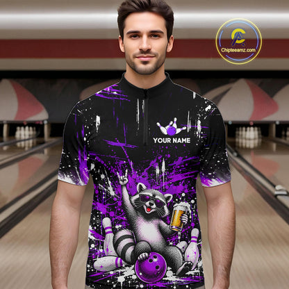Custom Purple Funny Raccoon with Beer Bowling Shirts for Men  Bowling Jersey QZT1328