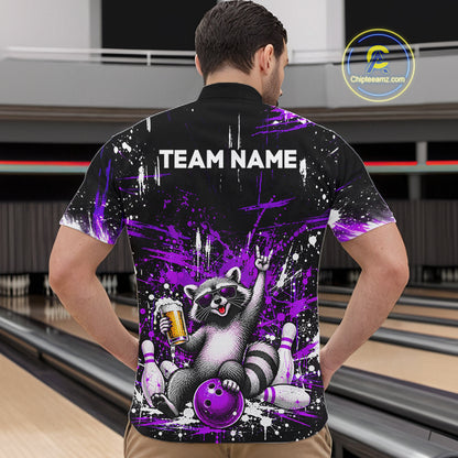 Custom Purple Funny Raccoon with Beer Bowling Shirts for Men  Bowling Jersey QZT1328
