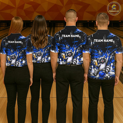Custom Blue Funny Raccoon with Beer Bowling Shirts for Men Bowling Jersey QZT1328