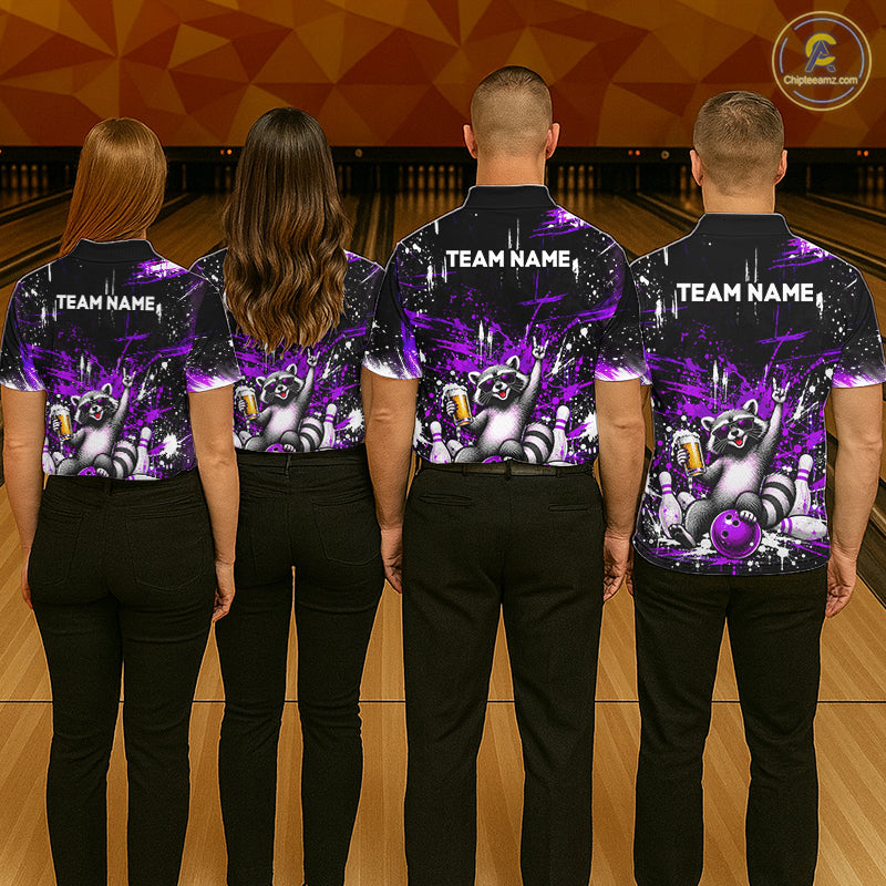 Custom Purple Funny Raccoon with Beer Bowling Shirts for Men  Bowling Jersey QZT1328