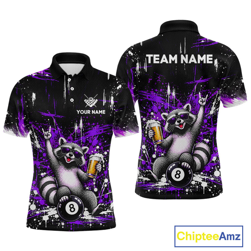 Custom Funny Raccoon Billiard Shirt for Men Purple 8 Ball Pool Jersey with Beer Polo & Quarter-Zip BHT145