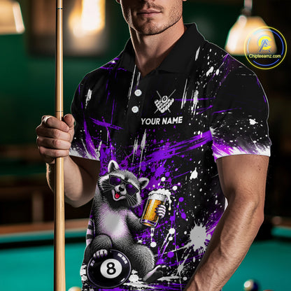 Custom Funny Raccoon Billiard Shirt for Men Purple 8 Ball Pool Jersey with Beer Polo & Quarter-Zip BHT145
