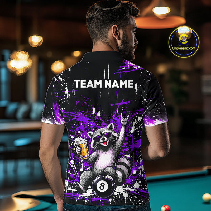 Custom Funny Raccoon Billiard Shirt for Men Purple 8 Ball Pool Jersey with Beer Polo & Quarter-Zip BHT145