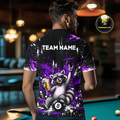 Custom Funny Raccoon Billiard Shirt for Men Purple 8 Ball Pool Jersey with Beer Polo & Quarter-Zip BHT145