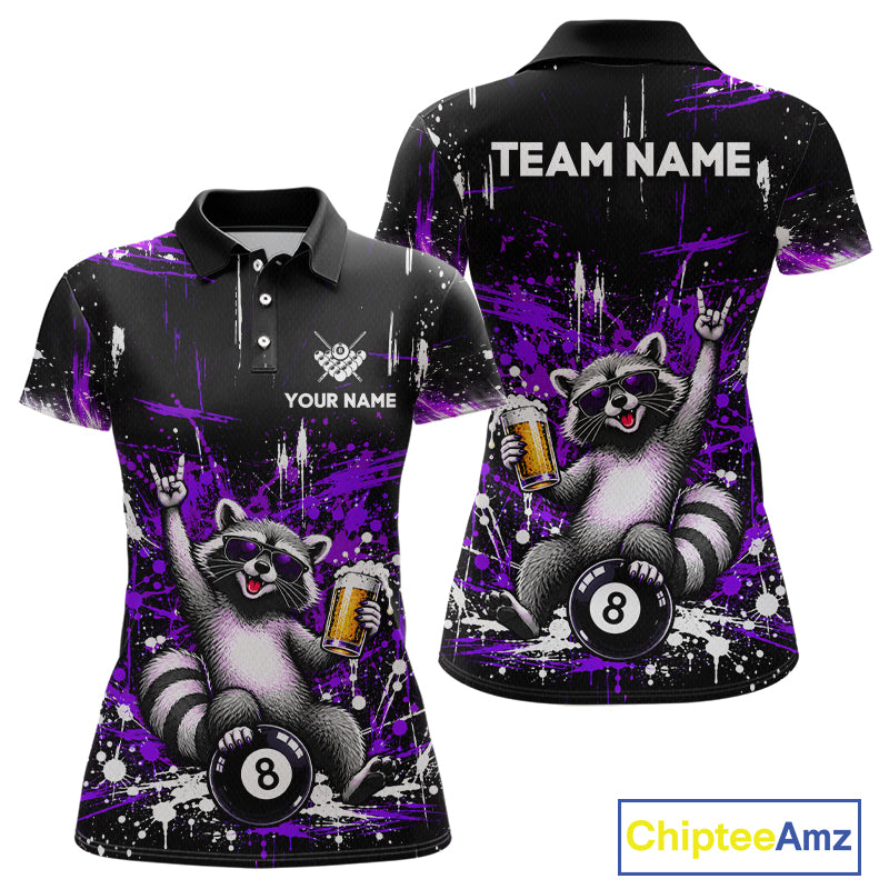 Custom Funny Raccoon Billiard Shirt for Women Purple 8 Ball Pool Jersey with Beer Polo & Quarter-Zip BHT145