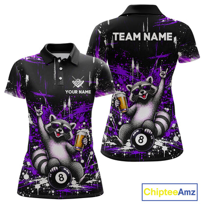 Custom Funny Raccoon Billiard Shirt for Women Purple 8 Ball Pool Jersey with Beer Polo & Quarter-Zip BHT145