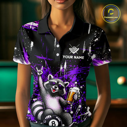 Custom Funny Raccoon Billiard Shirt for Women Purple 8 Ball Pool Jersey with Beer Polo & Quarter-Zip BHT145