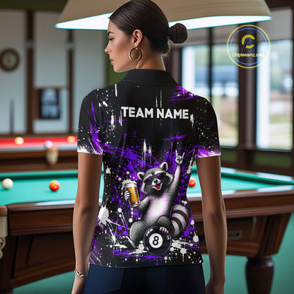 Custom Funny Raccoon Billiard Shirt for Women Purple 8 Ball Pool Jersey with Beer Polo & Quarter-Zip BHT145