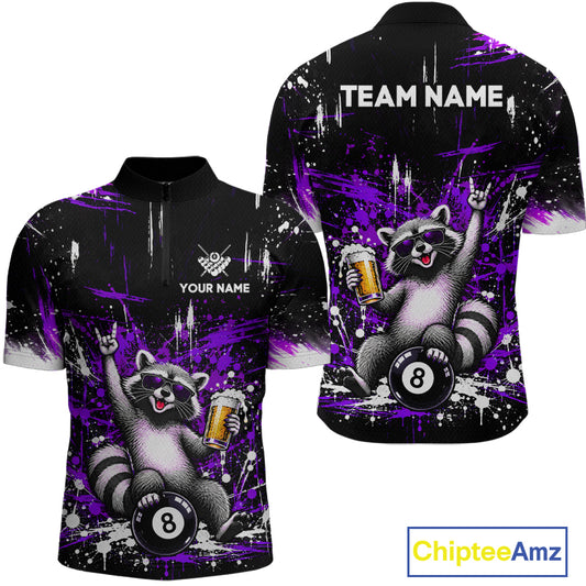 Custom Funny Raccoon Billiard Shirt for Men Purple 8 Ball Pool Jersey with Beer Polo & Quarter-Zip BHT145