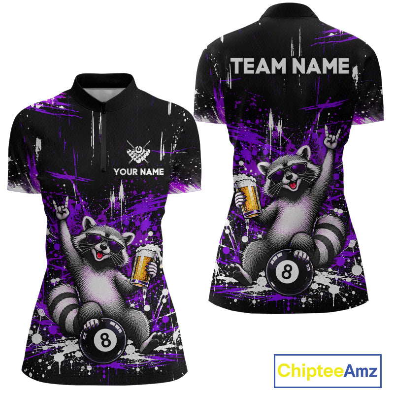 Custom Funny Raccoon Billiard Shirt for Women Purple 8 Ball Pool Jersey with Beer Polo & Quarter-Zip BHT145
