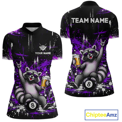 Custom Funny Raccoon Billiard Shirt for Women Purple 8 Ball Pool Jersey with Beer Polo & Quarter-Zip BHT145