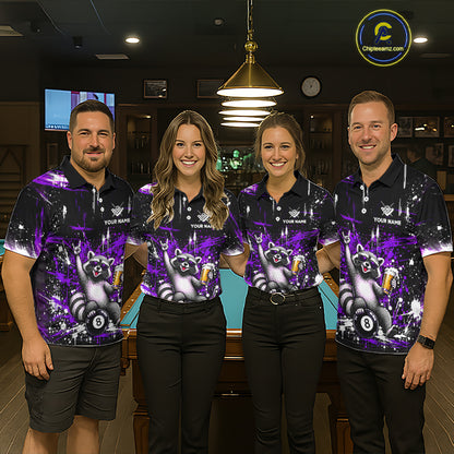 Custom Funny Raccoon Billiard Shirt for Men Purple 8 Ball Pool Jersey with Beer Polo & Quarter-Zip BHT145