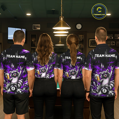 Custom Funny Raccoon Billiard Shirt for Men Purple 8 Ball Pool Jersey with Beer Polo & Quarter-Zip BHT145