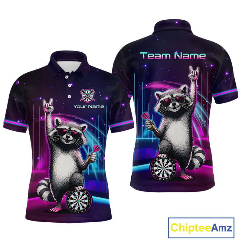 Custom Neon Funny Raccoon Dart Shirt for Men Dart League Jersey Polo & 1/4-Zip DHT101