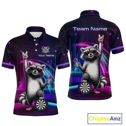 Custom Neon Funny Raccoon Dart Shirt for Men Dart League Jersey Polo & 1/4-Zip DHT101
