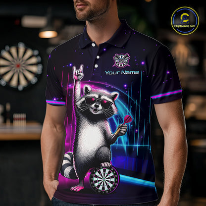 Custom Neon Funny Raccoon Dart Shirt for Men Dart League Jersey Polo & 1/4-Zip DHT101