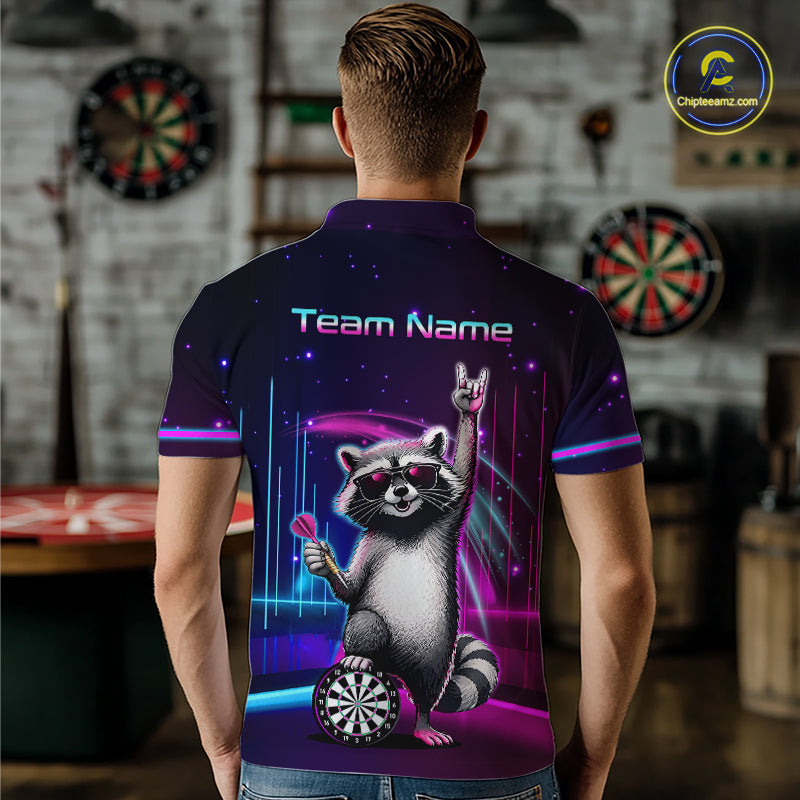 Custom Neon Funny Raccoon Dart Shirt for Men Dart League Jersey Polo & 1/4-Zip DHT101