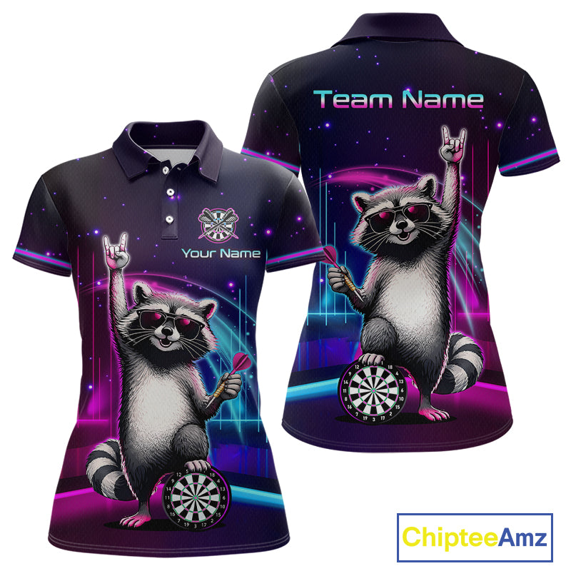 Custom Neon Funny Raccoon Dart Shirt for Women Dart League Jersey Polo & 1/4-Zip DHT101
