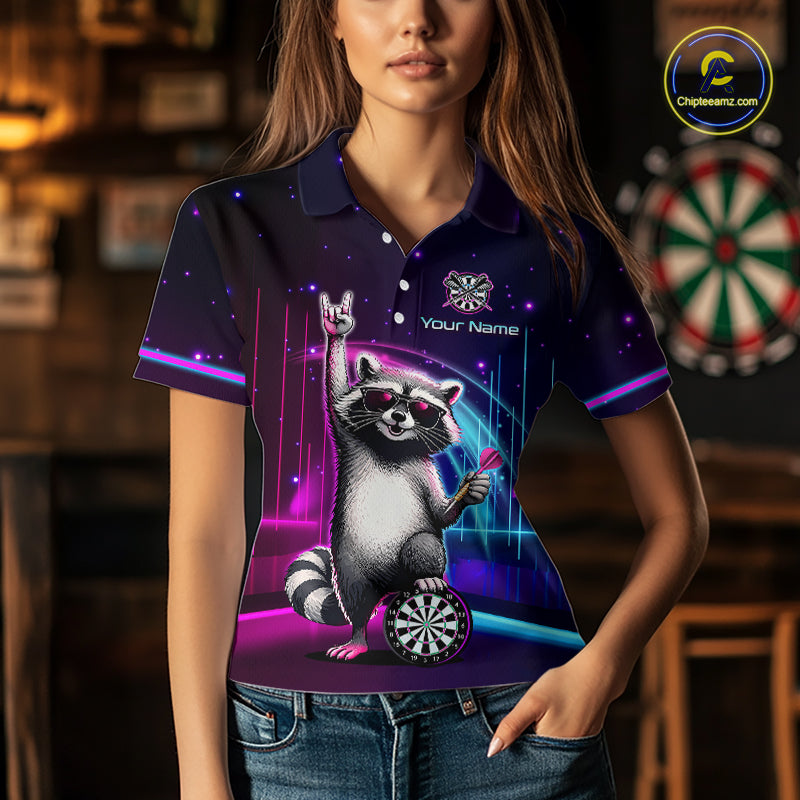Custom Neon Funny Raccoon Dart Shirt for Women Dart League Jersey Polo & 1/4-Zip DHT101