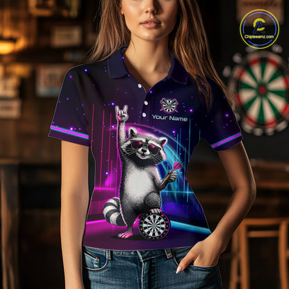 Custom Neon Funny Raccoon Dart Shirt for Women Dart League Jersey Polo & 1/4-Zip DHT101