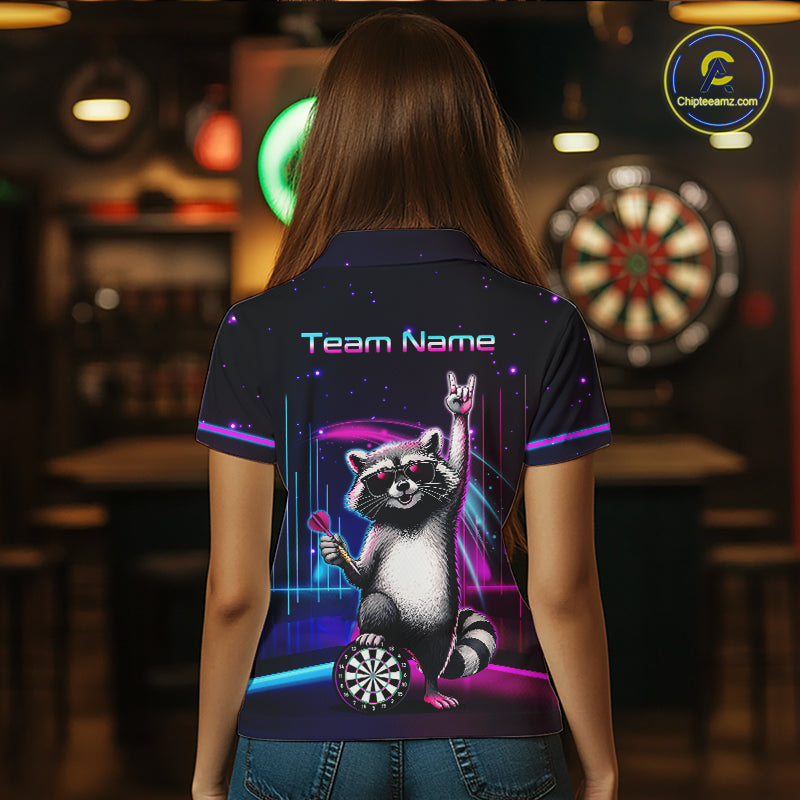 Custom Neon Funny Raccoon Dart Shirt for Women Dart League Jersey Polo & 1/4-Zip DHT101