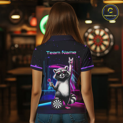 Custom Neon Funny Raccoon Dart Shirt for Women Dart League Jersey Polo & 1/4-Zip DHT101