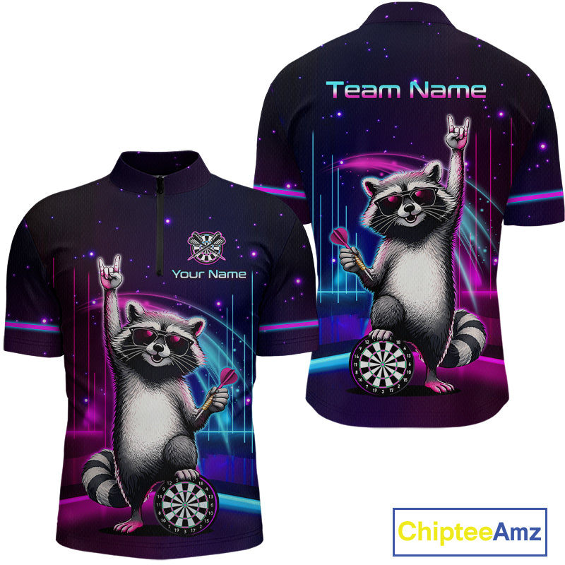 Custom Neon Funny Raccoon Dart Shirt for Men Dart League Jersey Polo & 1/4-Zip DHT101