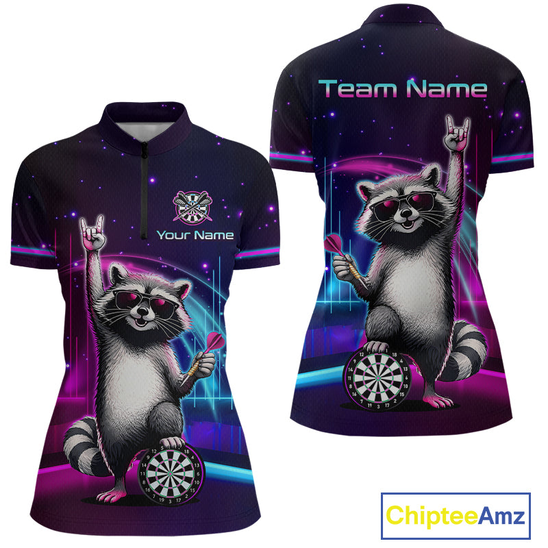 Custom Neon Funny Raccoon Dart Shirt for Women Dart League Jersey Polo & 1/4-Zip DHT101