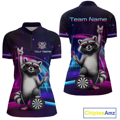 Custom Neon Funny Raccoon Dart Shirt for Women Dart League Jersey Polo & 1/4-Zip DHT101