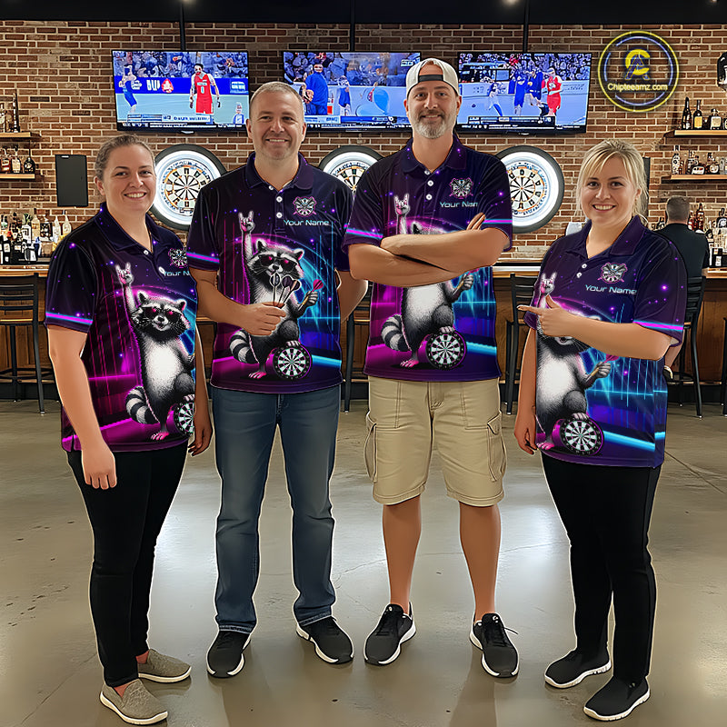 Custom Neon Funny Raccoon Dart Shirt for Men Dart League Jersey Polo & 1/4-Zip DHT101
