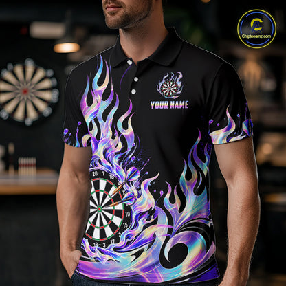Custom Holographic Flames Dart Shirt for Men Dartboard Dart League Jersey Polo & 1/4-Zip DHT102