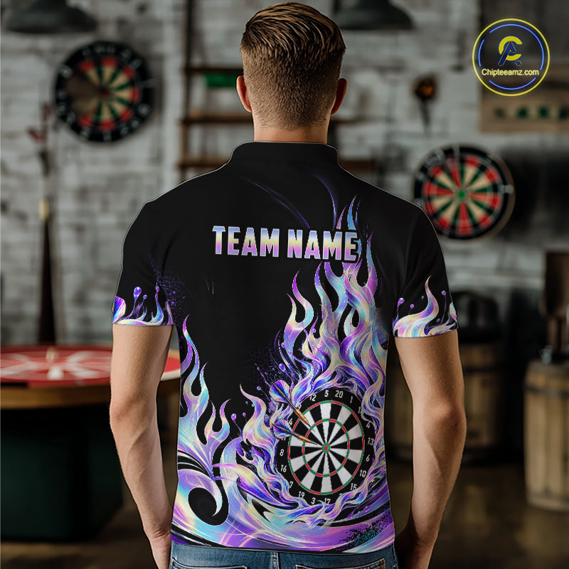 Custom Holographic Flames Dart Shirt for Men Dartboard Dart League Jersey Polo & 1/4-Zip DHT102