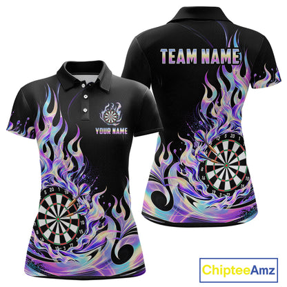 Custom Holographic Flames Dart Shirt for Women Dartboard Dart League Jersey Polo & 1/4-Zip DHT102