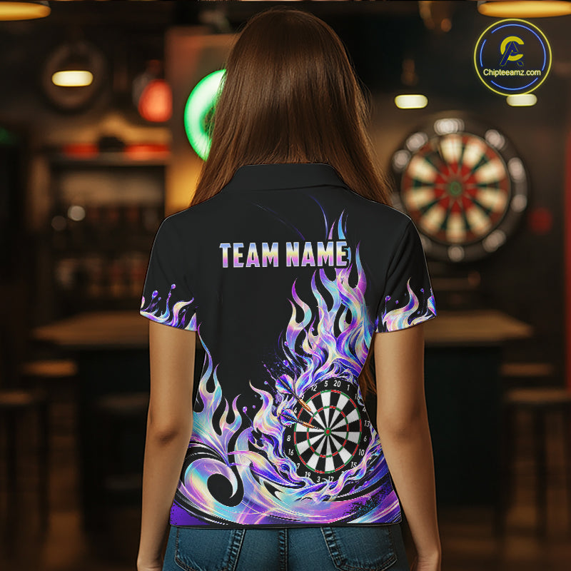 Custom Holographic Flames Dart Shirt for Women Dartboard Dart League Jersey Polo & 1/4-Zip DHT102
