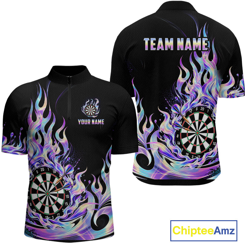 Custom Holographic Flames Dart Shirt for Men Dartboard Dart League Jersey Polo & 1/4-Zip DHT102