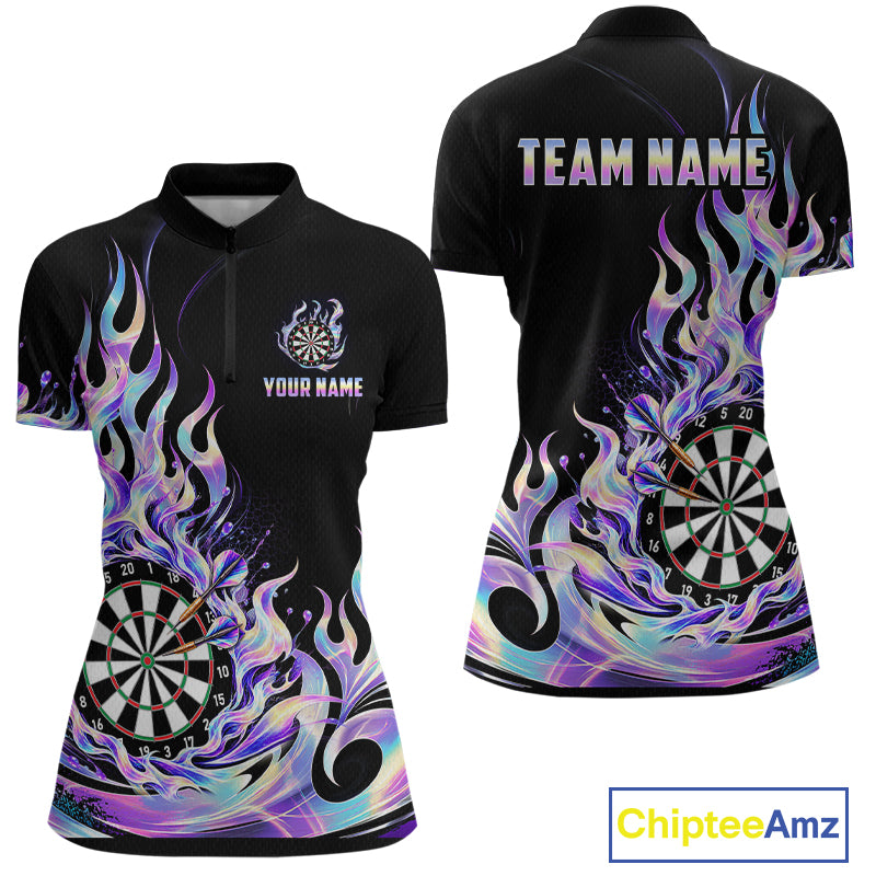 Custom Holographic Flames Dart Shirt for Women Dartboard Dart League Jersey Polo & 1/4-Zip DHT102