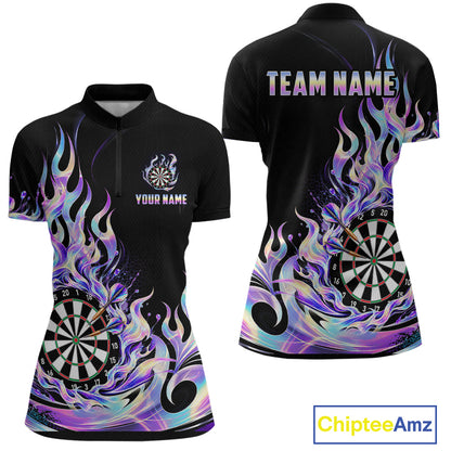 Custom Holographic Flames Dart Shirt for Women Dartboard Dart League Jersey Polo & 1/4-Zip DHT102