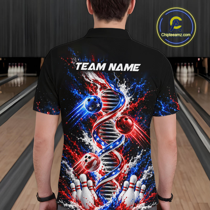 Custom American Flag DNA Bowling Shirt for Men Bowling Team Jersey Polo & 1/4 Zip QZT1395