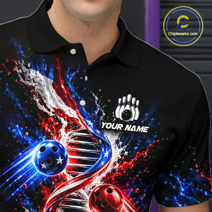 Custom American Flag DNA Bowling Shirt for Men Bowling Team Jersey Polo & 1/4 Zip QZT1395