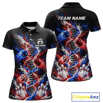 Custom American Flag DNA Bowling Shirt for Women Bowling Team Jersey Polo & 1/4 Zip QZT1395