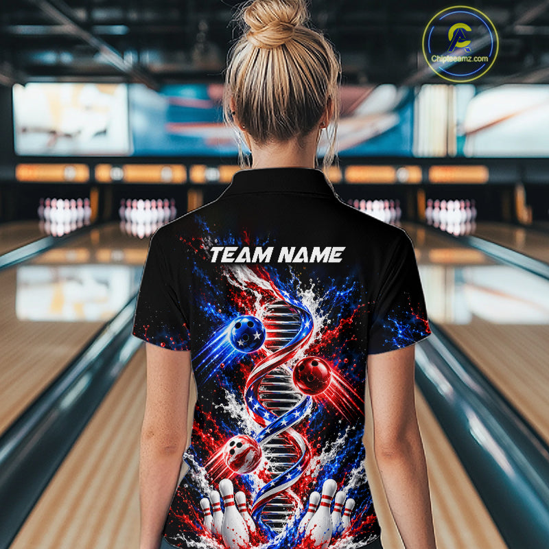 Custom American Flag DNA Bowling Shirt for Women Bowling Team Jersey Polo & 1/4 Zip QZT1395